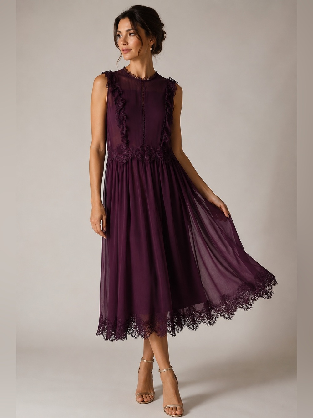 Ted Baker London Burgundy Lace Pleated Chiffon Dress Size 3 (US 8) NWOT